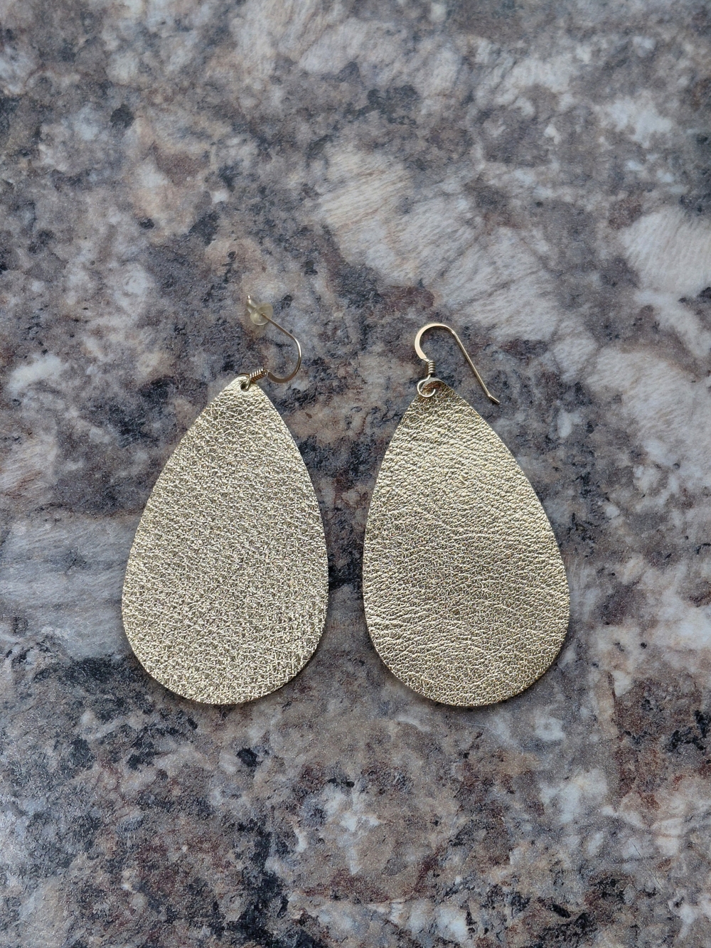 Metallic Gold Textured Leather Teardrop Lightweight Vintage Earrings